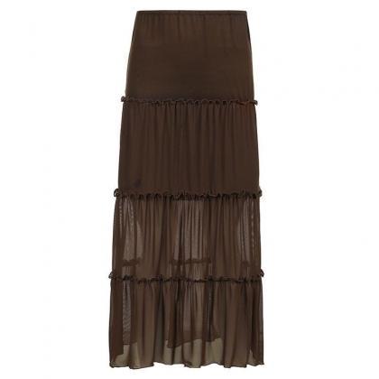 Brown Ruffle Mesh Long Skirt